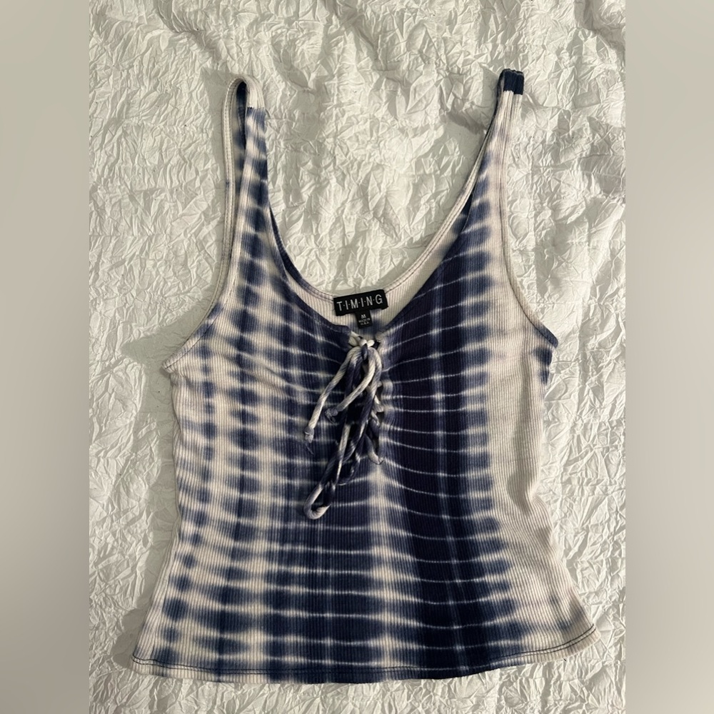 Blue and white tie dye cropped tank top